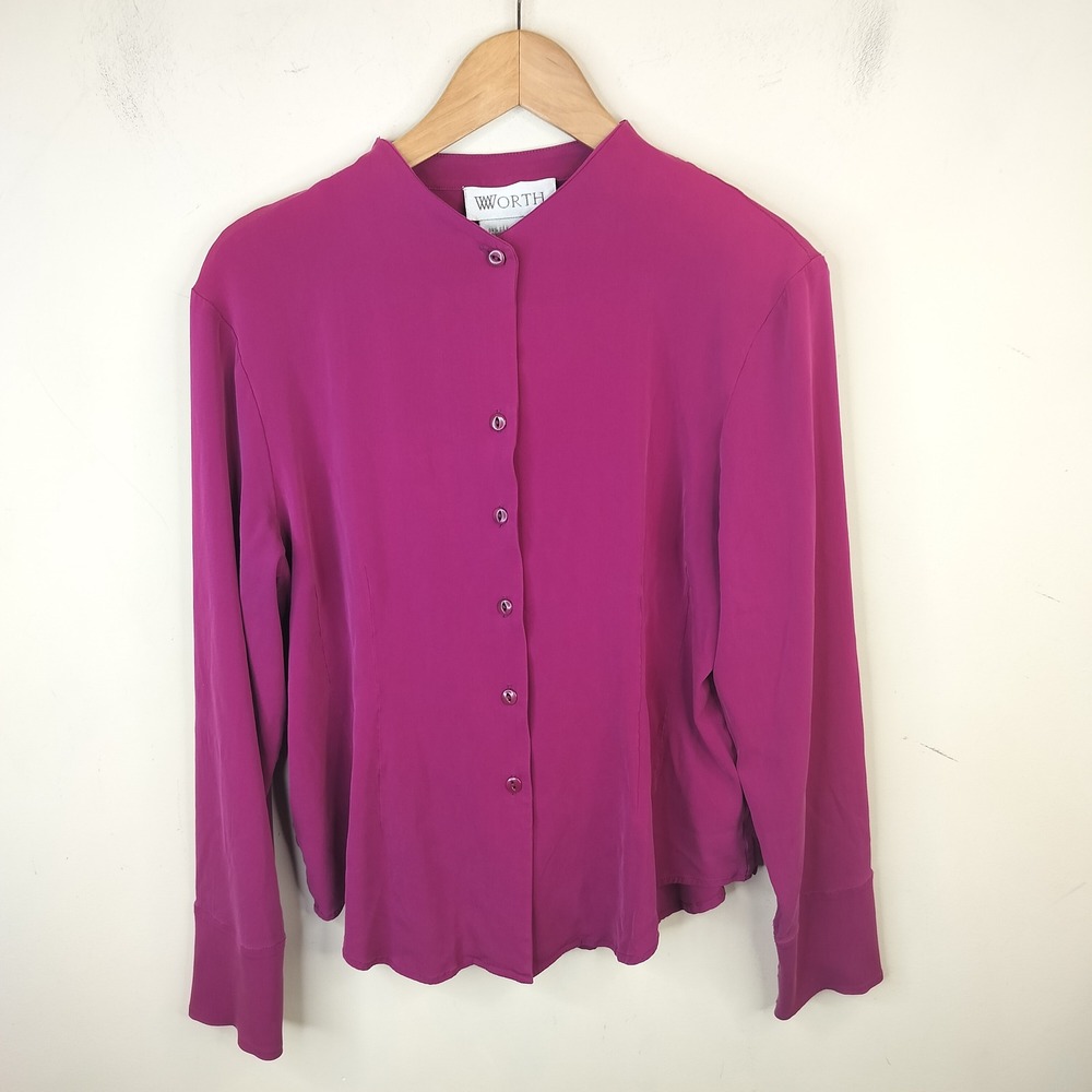 Worth Wilk Blouse Button Up 16 Mandarin Collar Career Magenta Pink